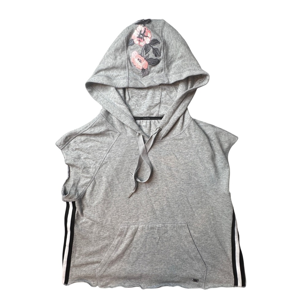 Calvin Klein Hoodie Women M Gray Performance Floral Embroidered Sleeveless Strip